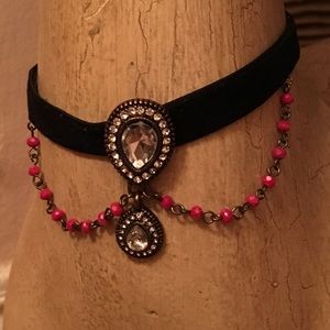 Beautiful Crystal and Red Bead Velvet Band Choker